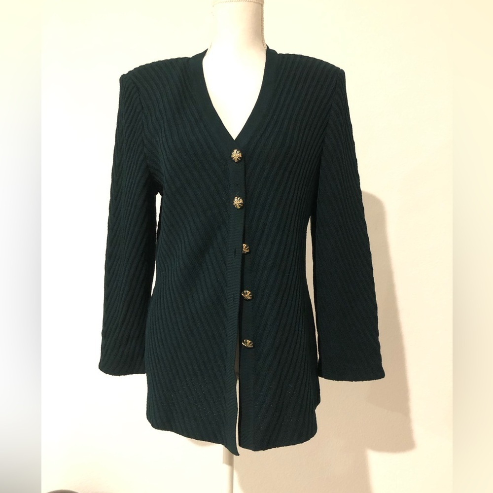 St. John Padded Shoulder‎ Chevron Cardigan Sweater V-Neck Ribbed Knit Size 12